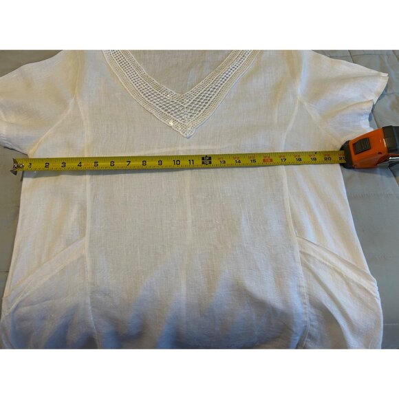 TEMPO PARIS Off White 100% Linen Artsy Dress Rauched Skirt Asymetrical Hem SZ M - Picture 3 of 16